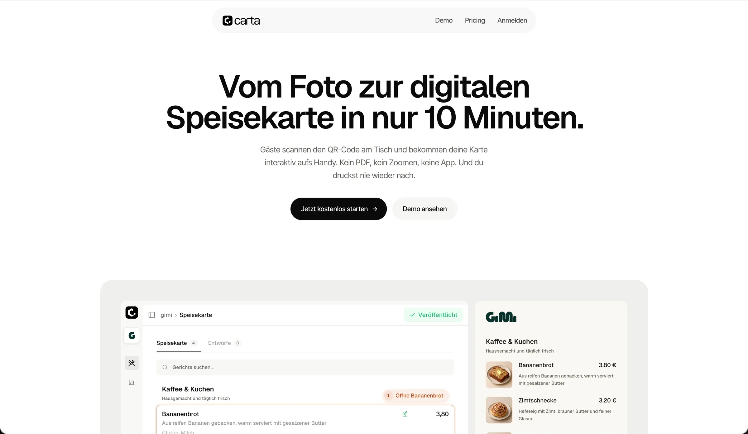carta Produktwebsite mit Menü-Editor und mobiler Speisekarten-Ansicht