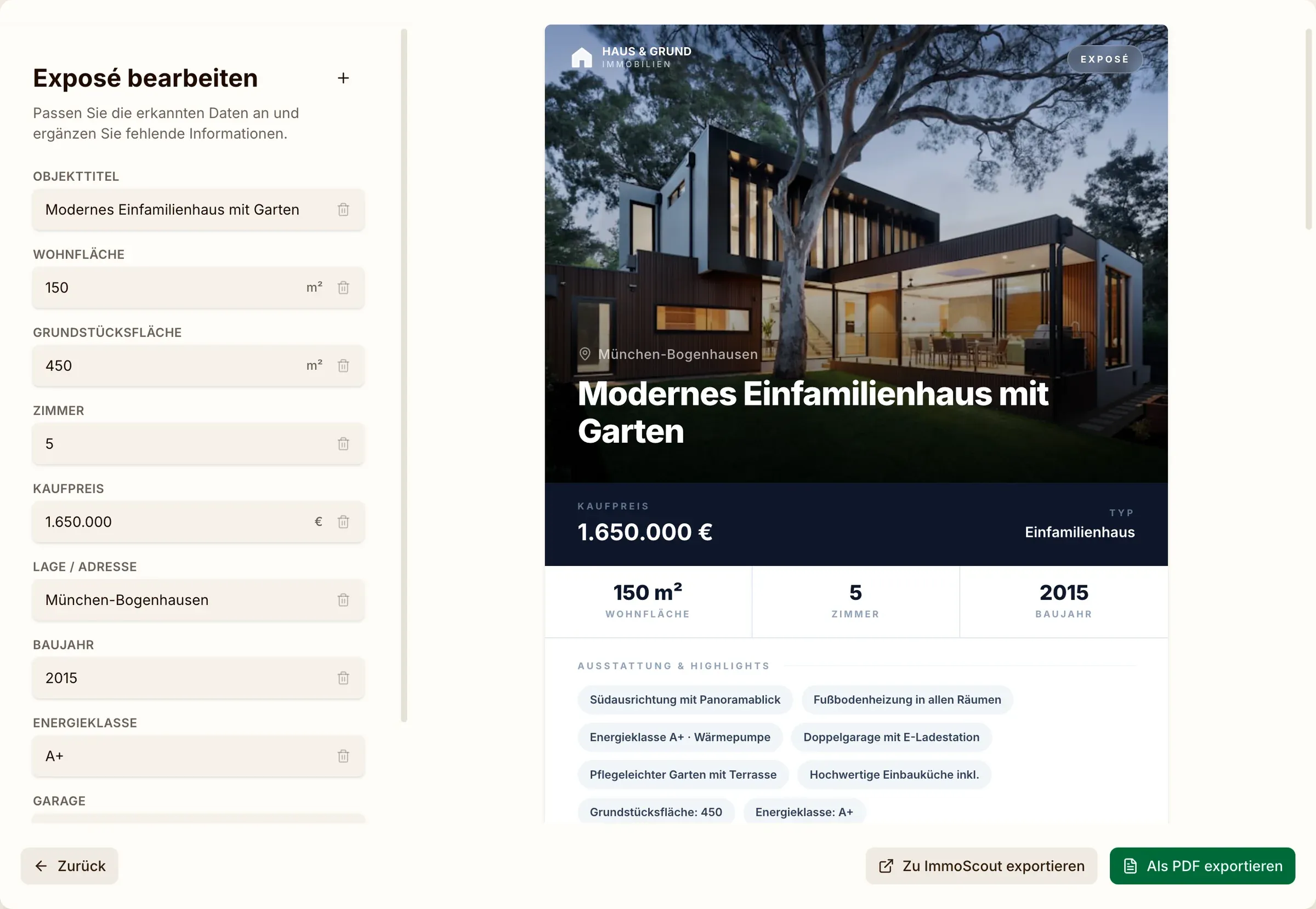 Expose Flow: Formular mit erkannten Objektdaten neben der Live-Vorschau des Exposés