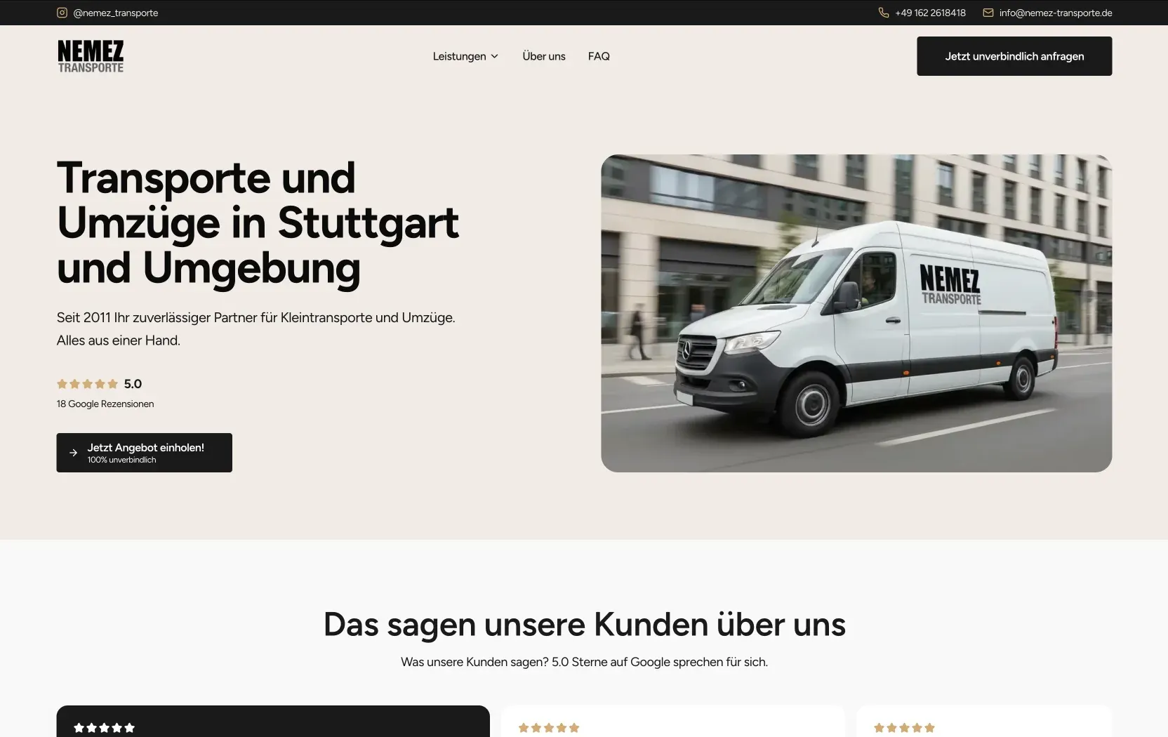 Startseite der neuen Website von Nemez Transporte